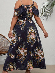 Women's Plus Floral Print Cold Shoulder Maxi Dress