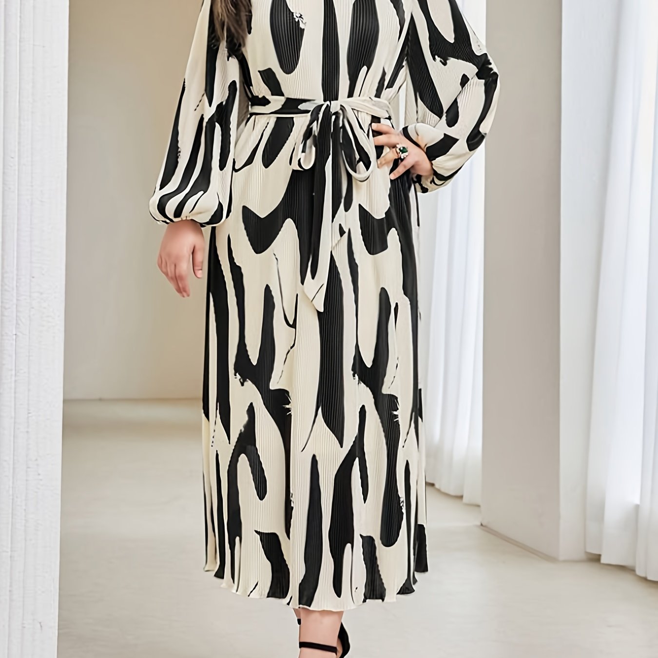  Casual Dress Women's Plus Random Print Lantern Sleeve Maxi Dress