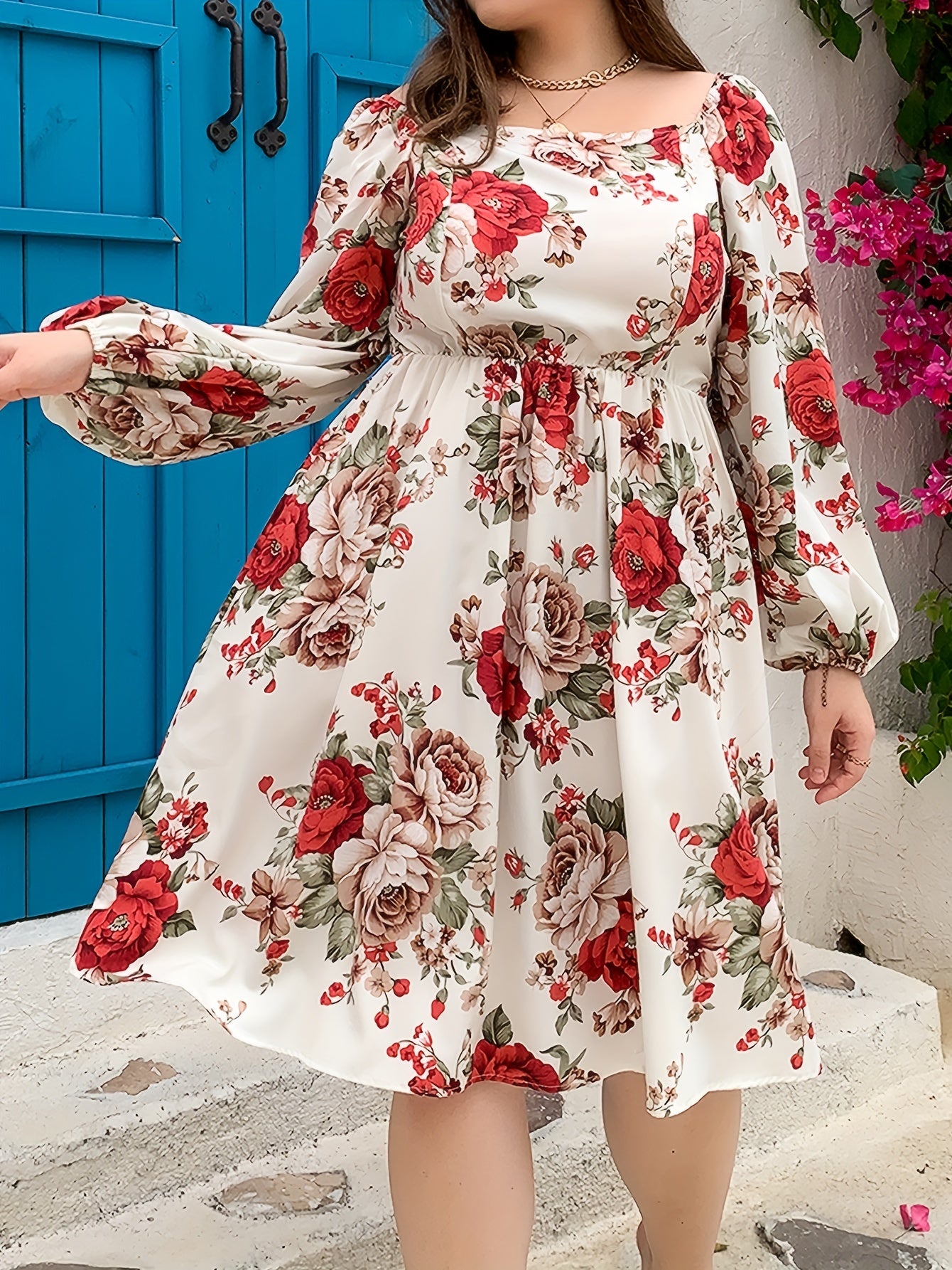  Shirred Floral Print Lantern Sleeve Dress