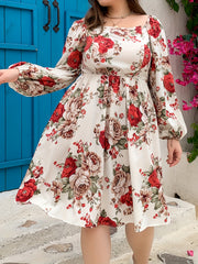  Shirred Floral Print Lantern Sleeve Dress