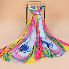 Flower Print Chiffon Scarf Gradient Hijab Thin Shawl Casual Head Wrap