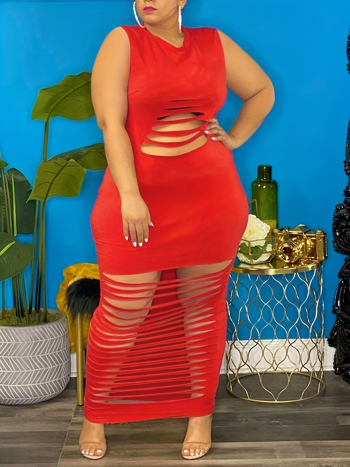  Sexy Dress Women's Plus Solid Cut Out Maxi Dress