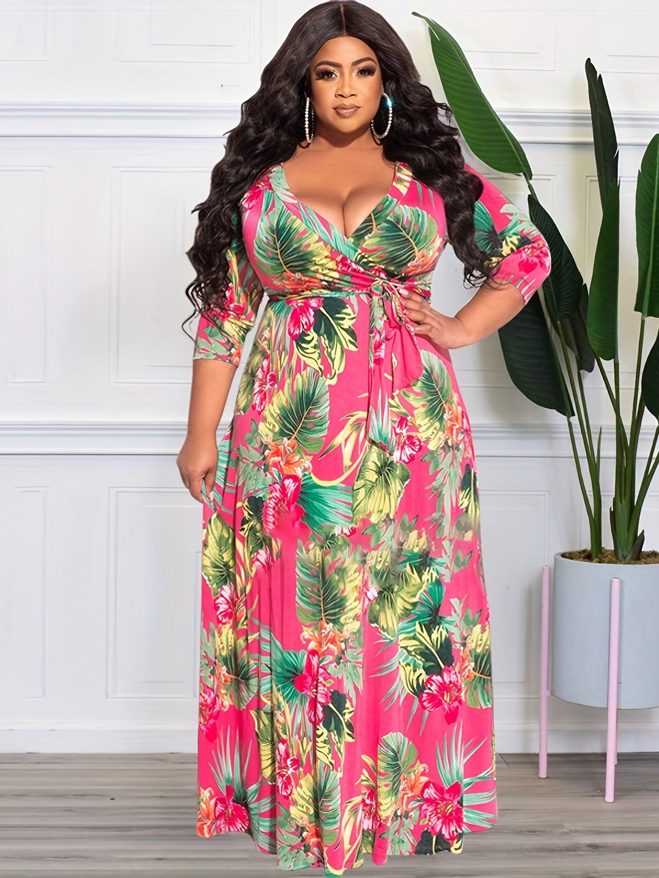 Women's Plus Tropical Print V Neck Maxi Dress