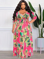 Women's Plus Tropical Print V Neck Maxi Dress