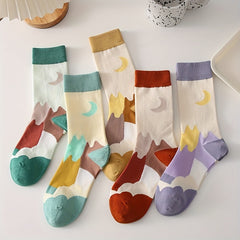 5 Pairs Moon Print Socks Colorblock Crew Socks Women's Stockings