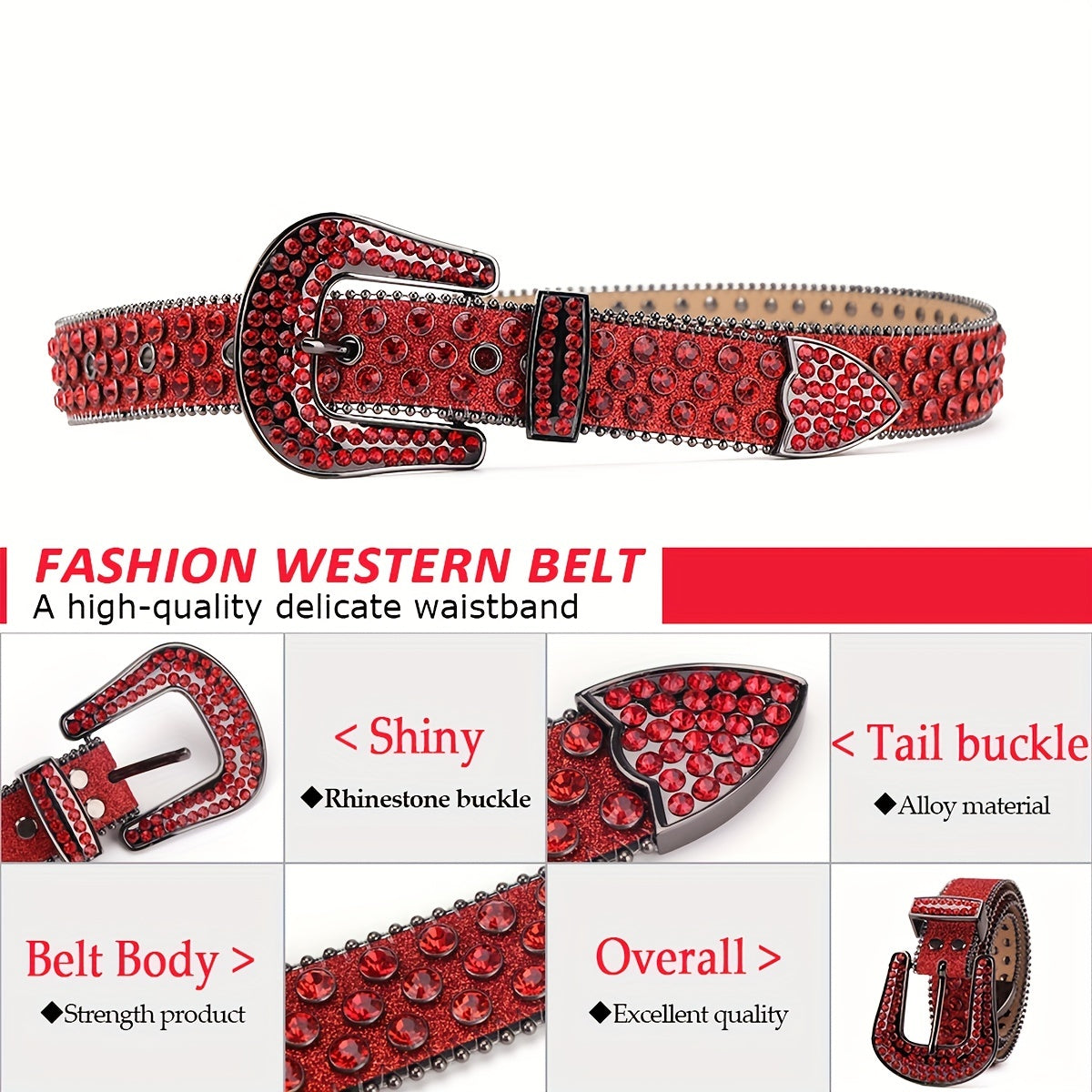 Red Rhinestone Belt Western Cowgirl Waistband Y2K Hip Hop Sparkly Belt
