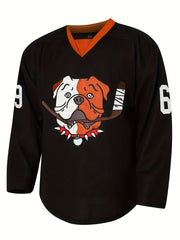Vintage Dog Pattern Hockey Jersey V Neck Long Sleeve Shirt