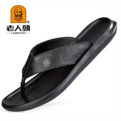 LAORENTOU Men's Leather Flip Flops with Arch Support Casual Floral Thong
