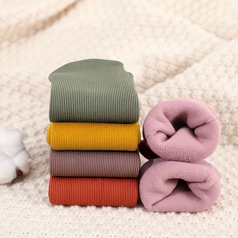 5 Pairs Plush Lined Socks Warm Ribbed Crew Women's Stockings
