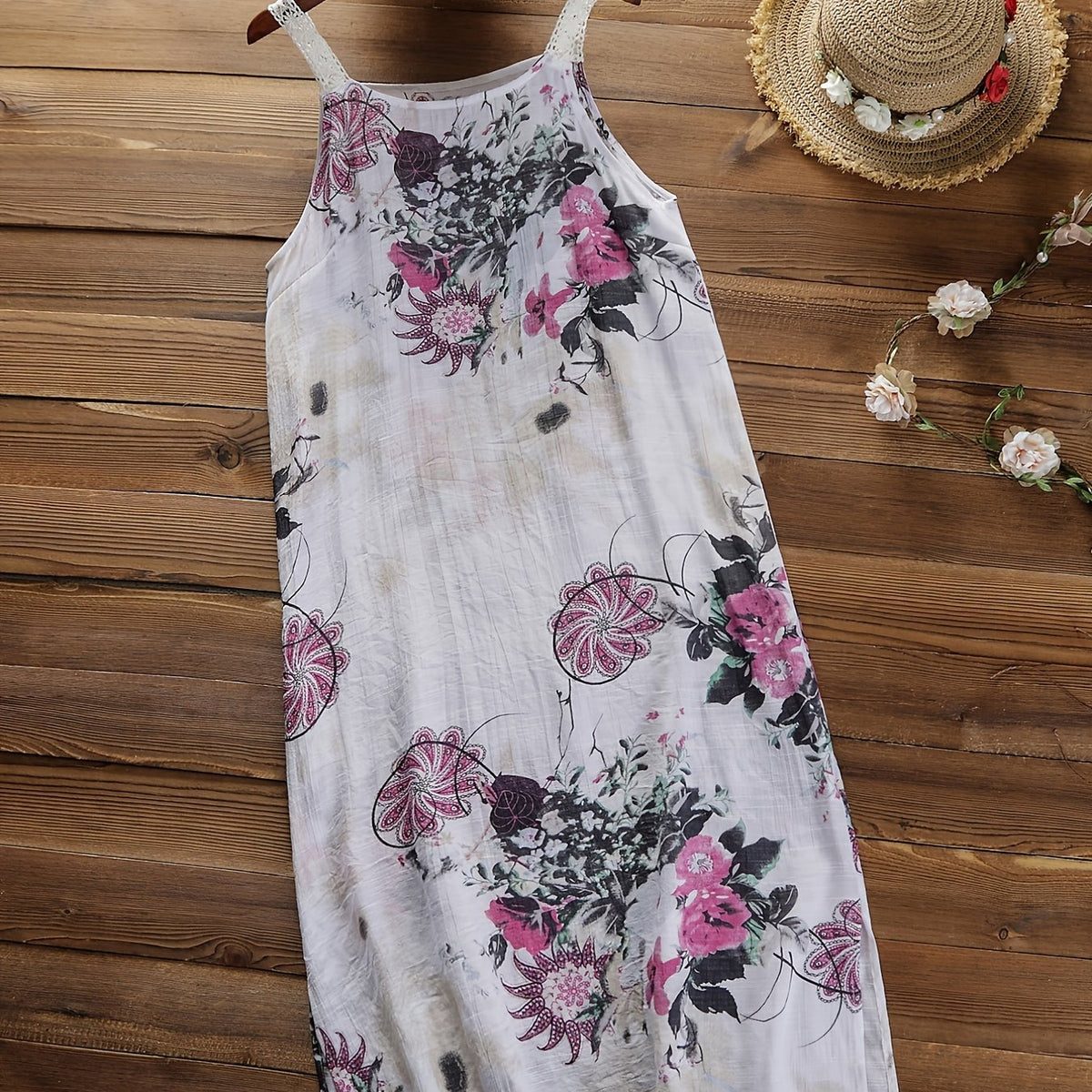  Floral Print Lace Strap Cami Dress