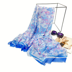 Boho Frayed Edge Floral Print Voile Scarf Large Shawl