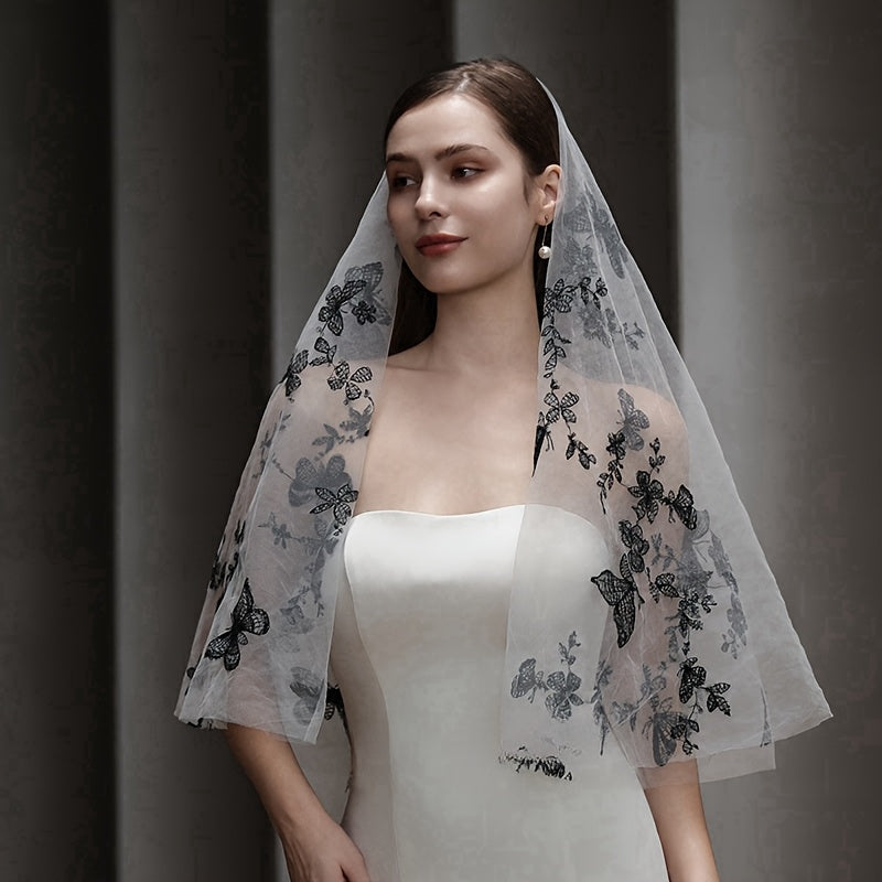 Butterfly Embroidered Bridal Veil with Comb Fingertip Length
