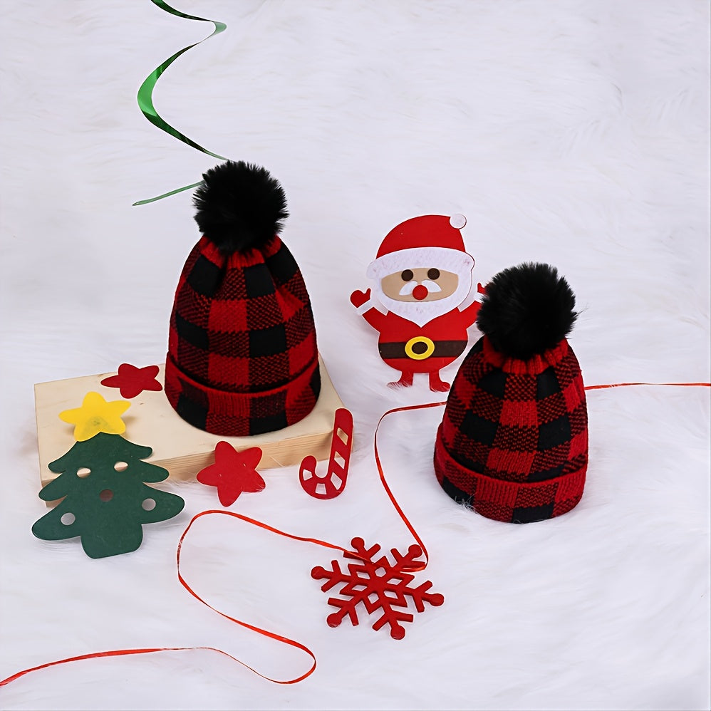 Red & Plaid Christmas Pom Pom Hat Set