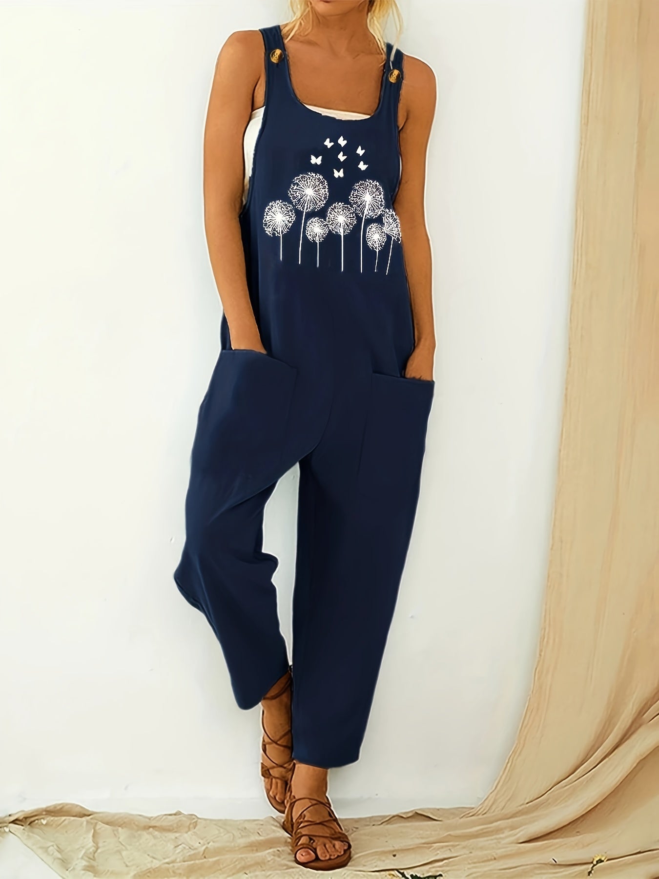 Pocket Solid Tank Jumpsuit Loose Casual Women's Clothing