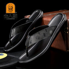 LAORENTOU Men's Leather Flip Flops with Arch Support Casual Floral Thong