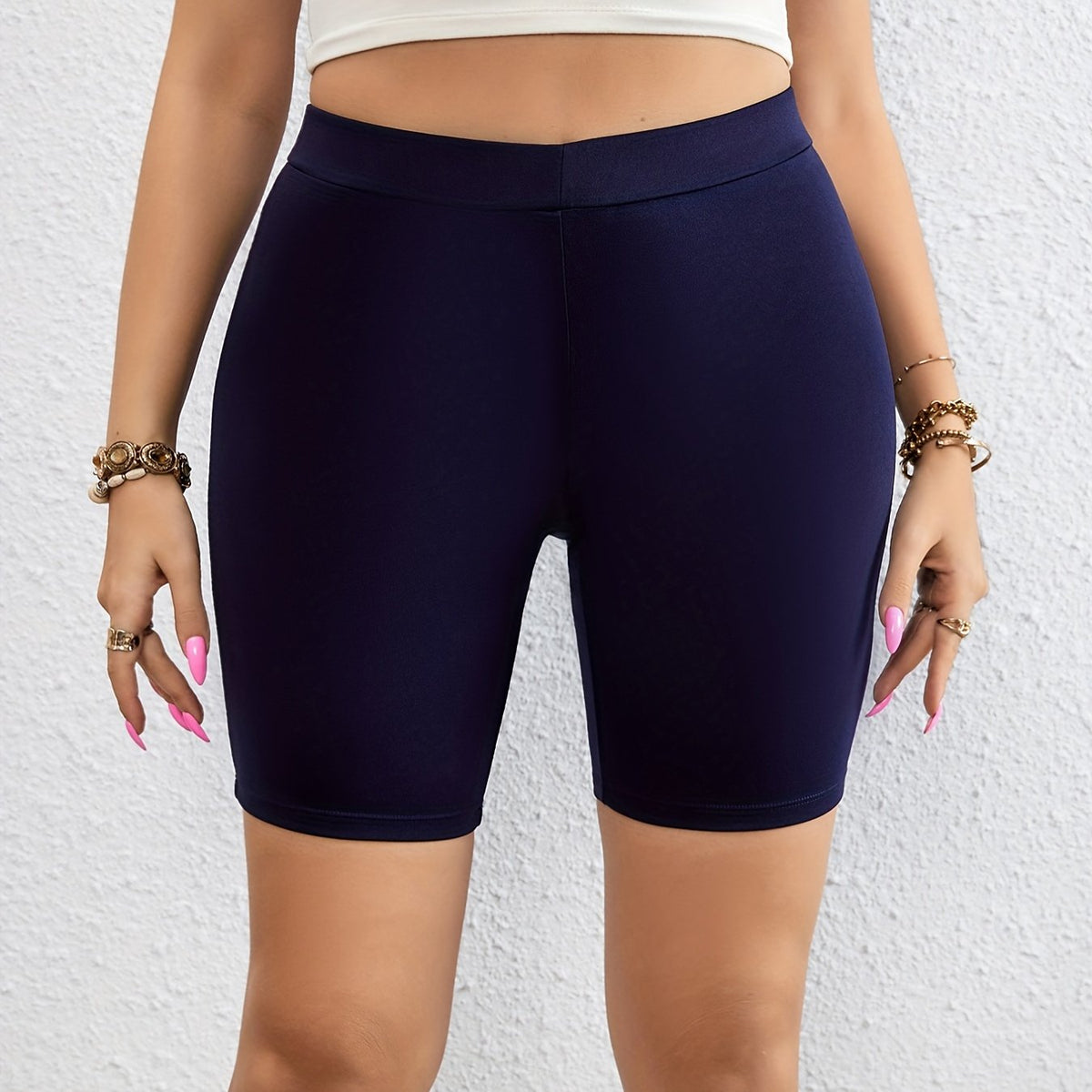  Women's Sports Shorts Solid Medium Stretch Biker Shorts