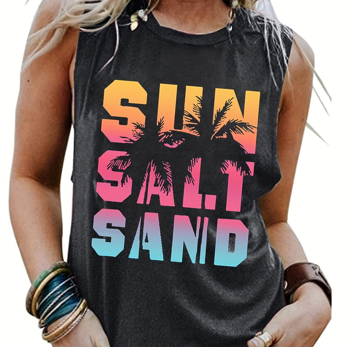 Coconut Tree & Letter Print Tank Top Crew Neck Sleeveless Summer Top