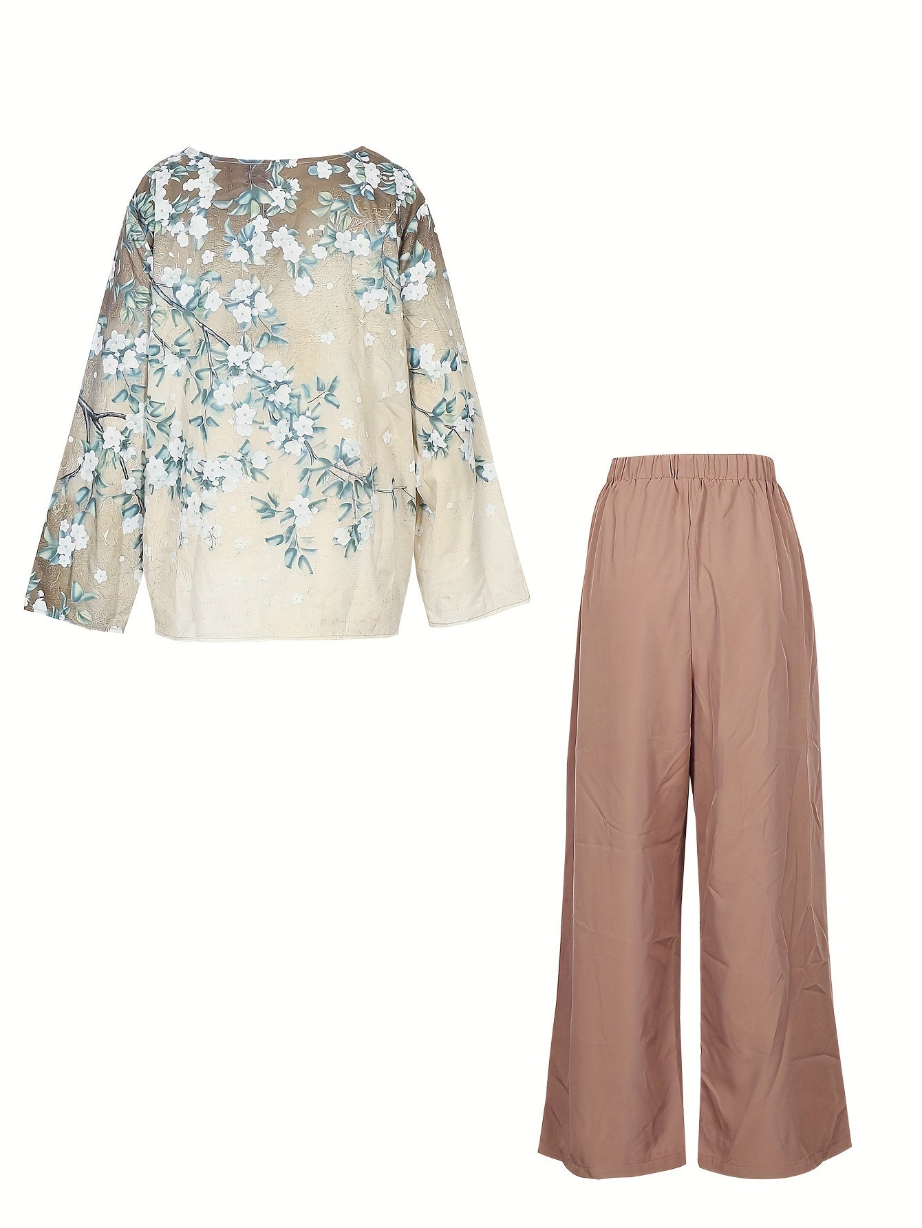Women's Plus Floral Print Long Sleeve Round Neck Top & Loose Pants Outfit Set