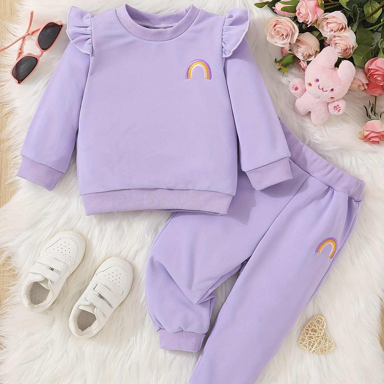 Baby Girls Cartoon Rainbow Sweatshirt Top Elastic Waist Pants 2pcs Set