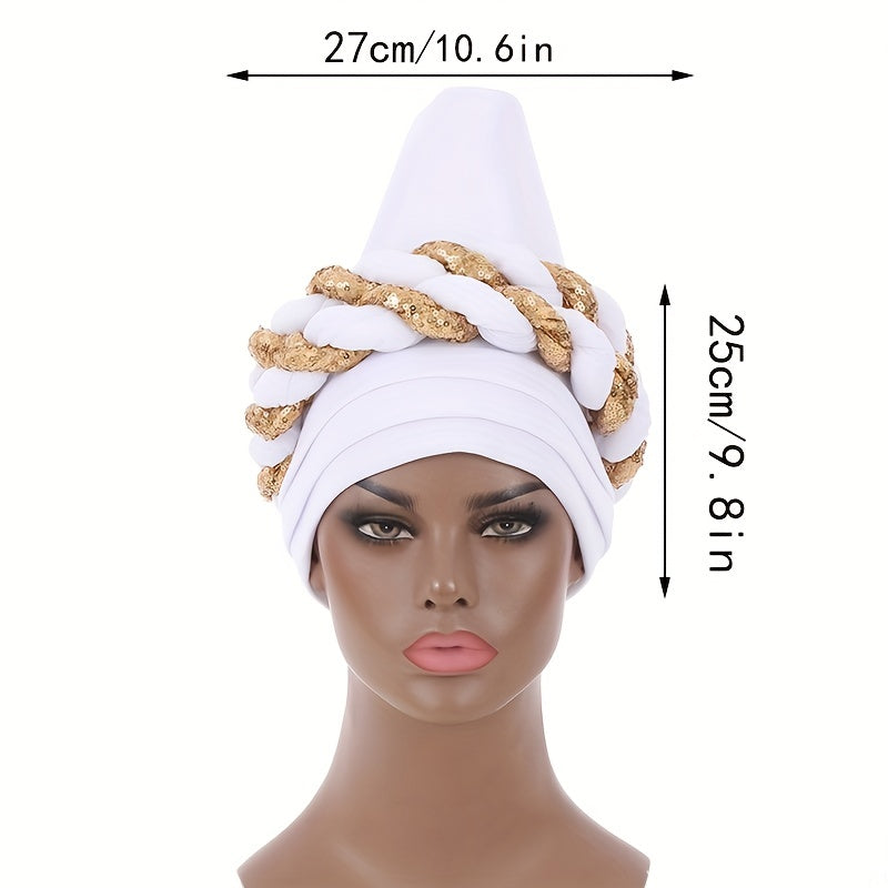 Sequin Twisted Braided Turban Elastic Head Wrap Pre tied Ramadan Hijab Women