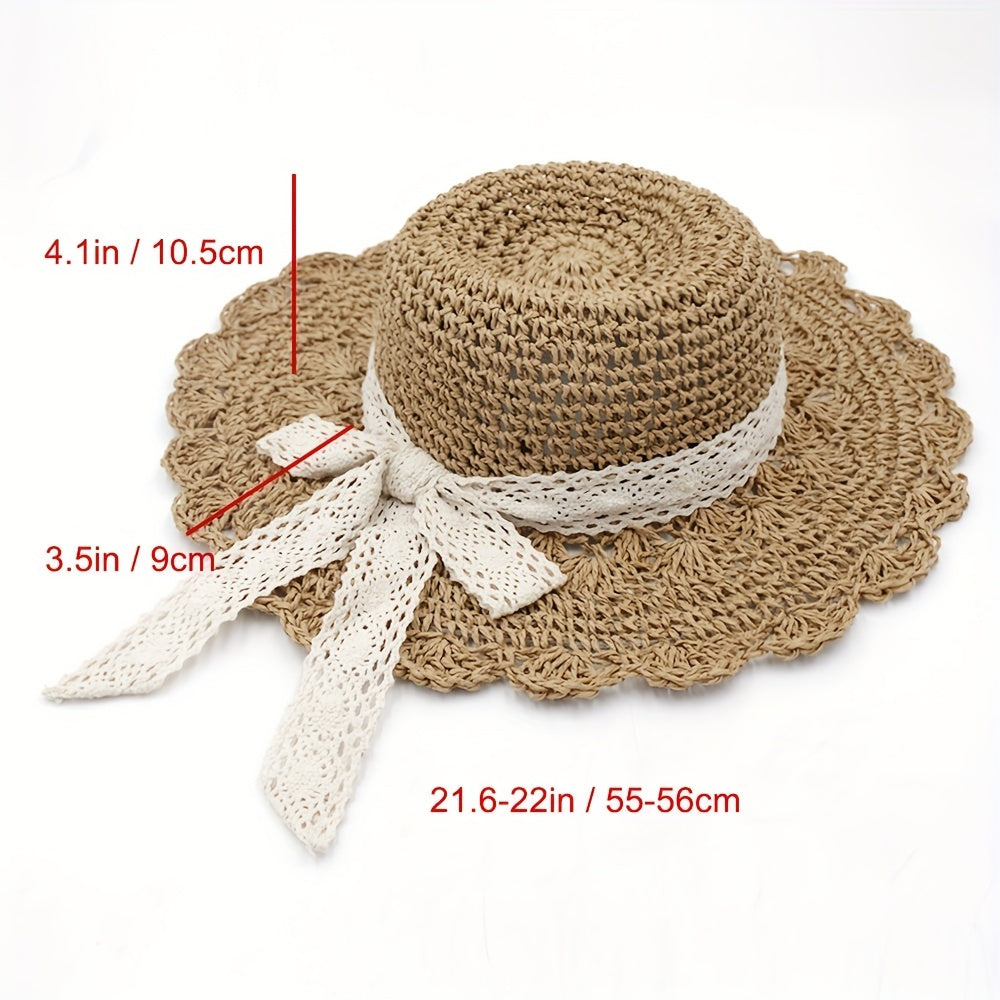 Lace Ribbon Bowknot Sun Hat Hollow Wide Brim Straw Hat Crochet Fedora Cap
