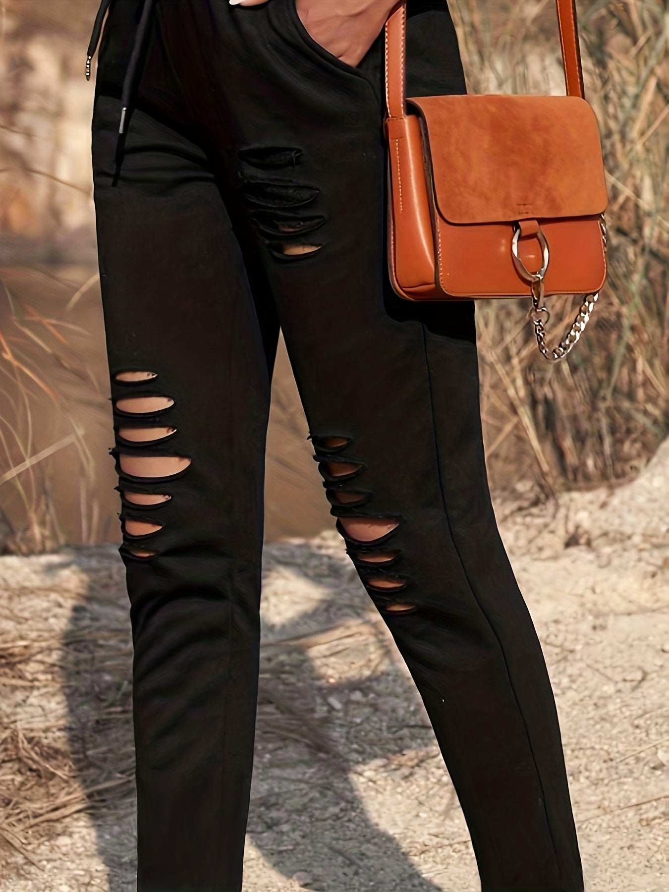  Solid Ripped Drawstring Casual Pants