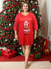  Santa Claus Print Three Quarter Sleeve V Neck Sleep Dress