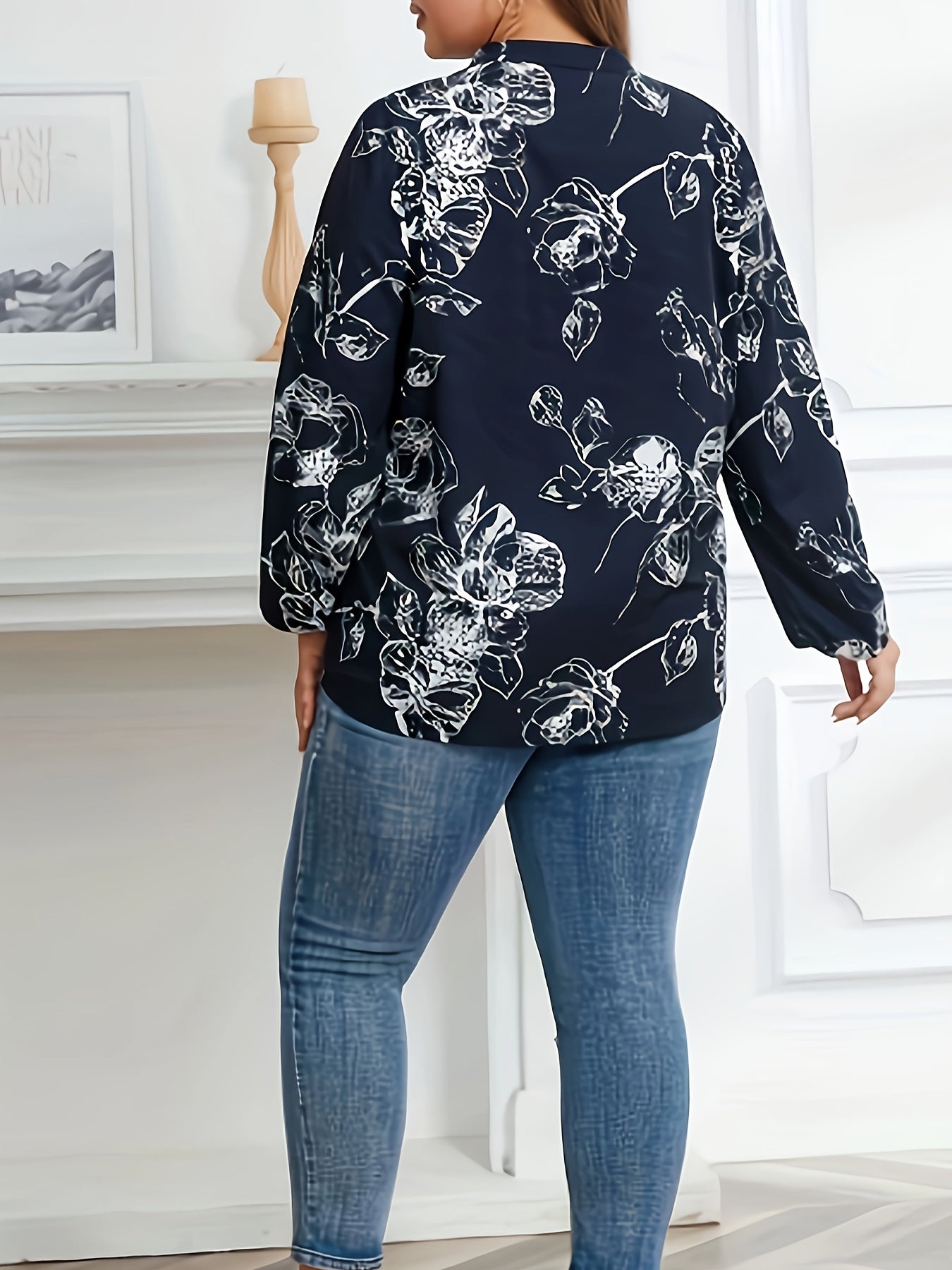  Floral Print Lantern Sleeve Tunic Top