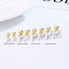 S925 Sterling Silver Zirconia Stud Earrings Girls Buckle Screw Pattern