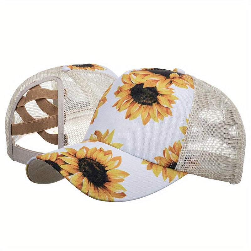 Sunflower Print Ponytail Baseball Cap Mesh Adjustable Trucker Hats