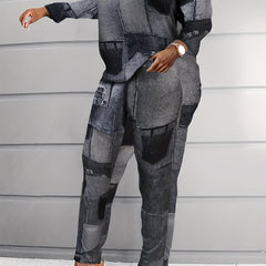 Women's Plus Denim Print Distressed Top & Pants Set