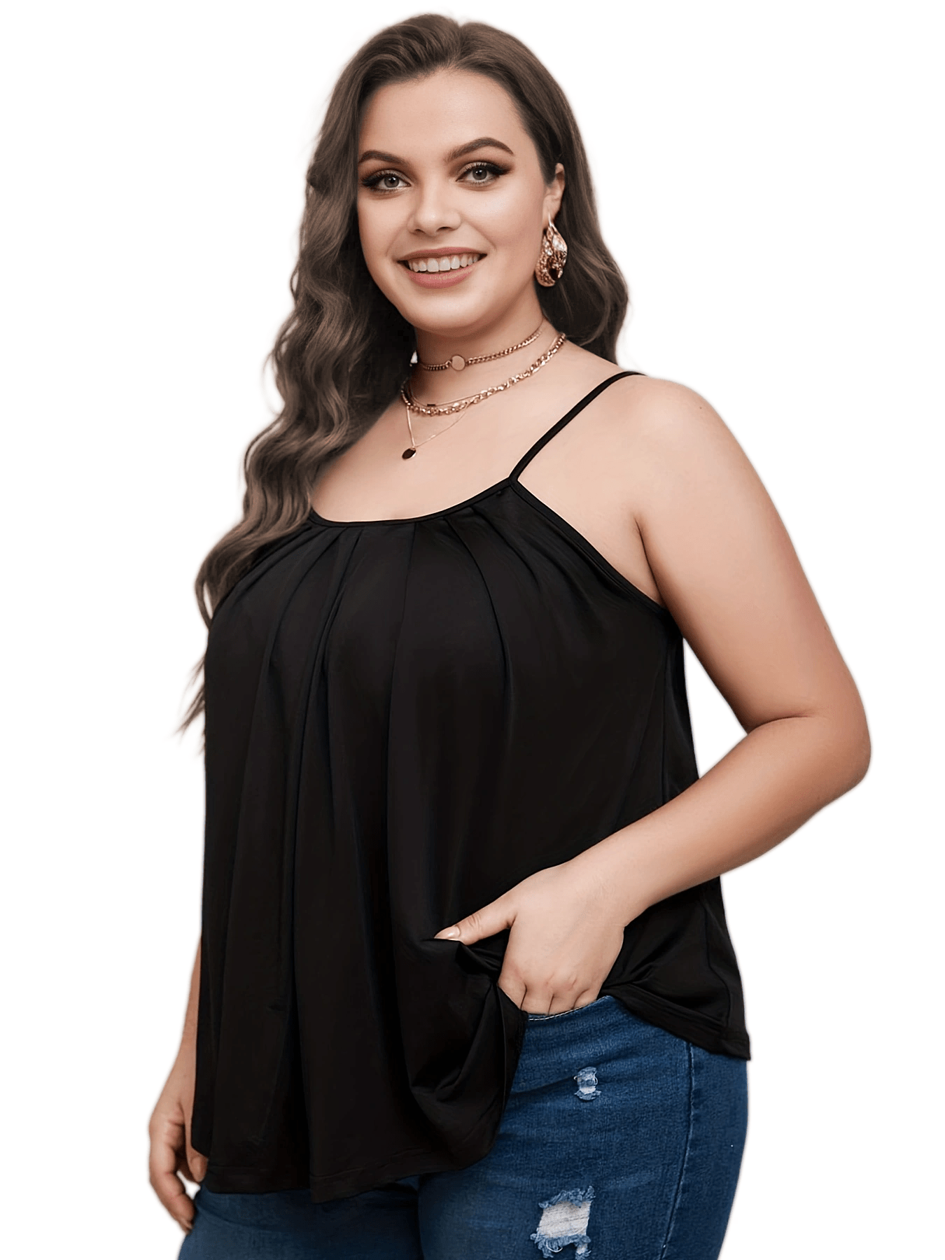  Casual Cami Top Women's Plus Plain Ruched Round Neck Medium Stretch