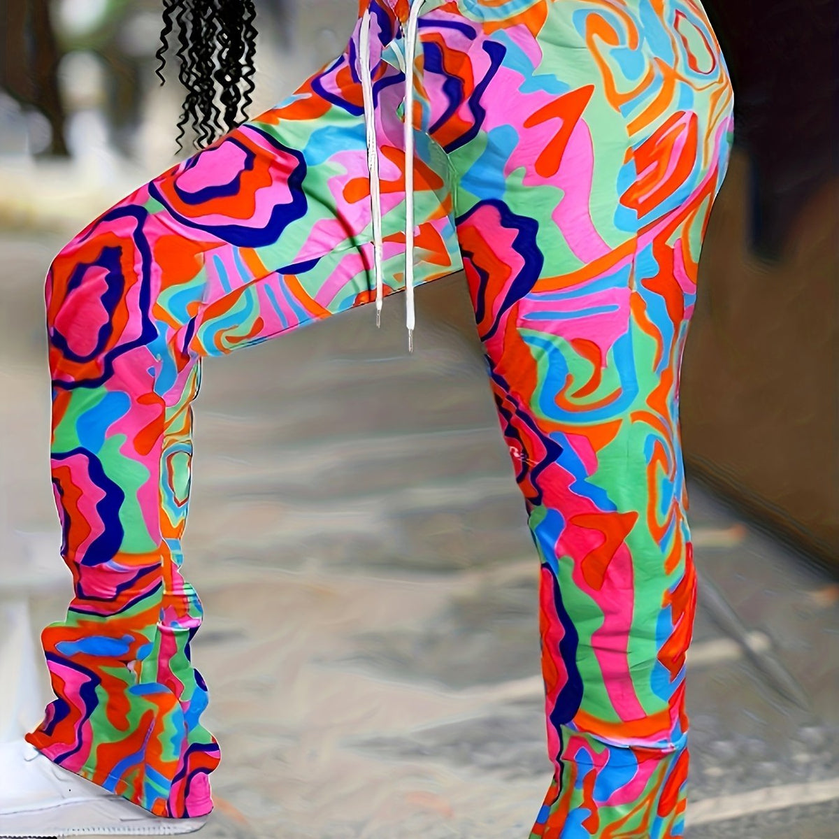  Casual Pants Women's Plus Contrast Print Flared Leg Trousers