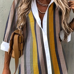 Colorblock Stripe Print Long Sleeve Blouse