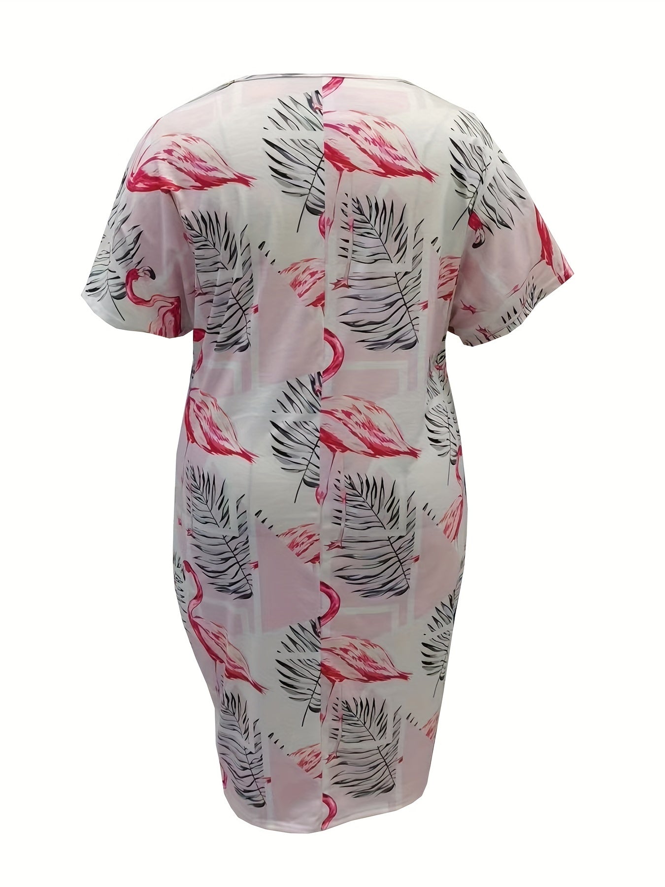 Women's Plus Flamingo & Leaf Print V Neck Dress With Pockets