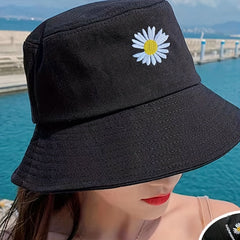 Daisy Flower Embroidery Bucket Hat Reversible Sunscreen Beach Cap Women