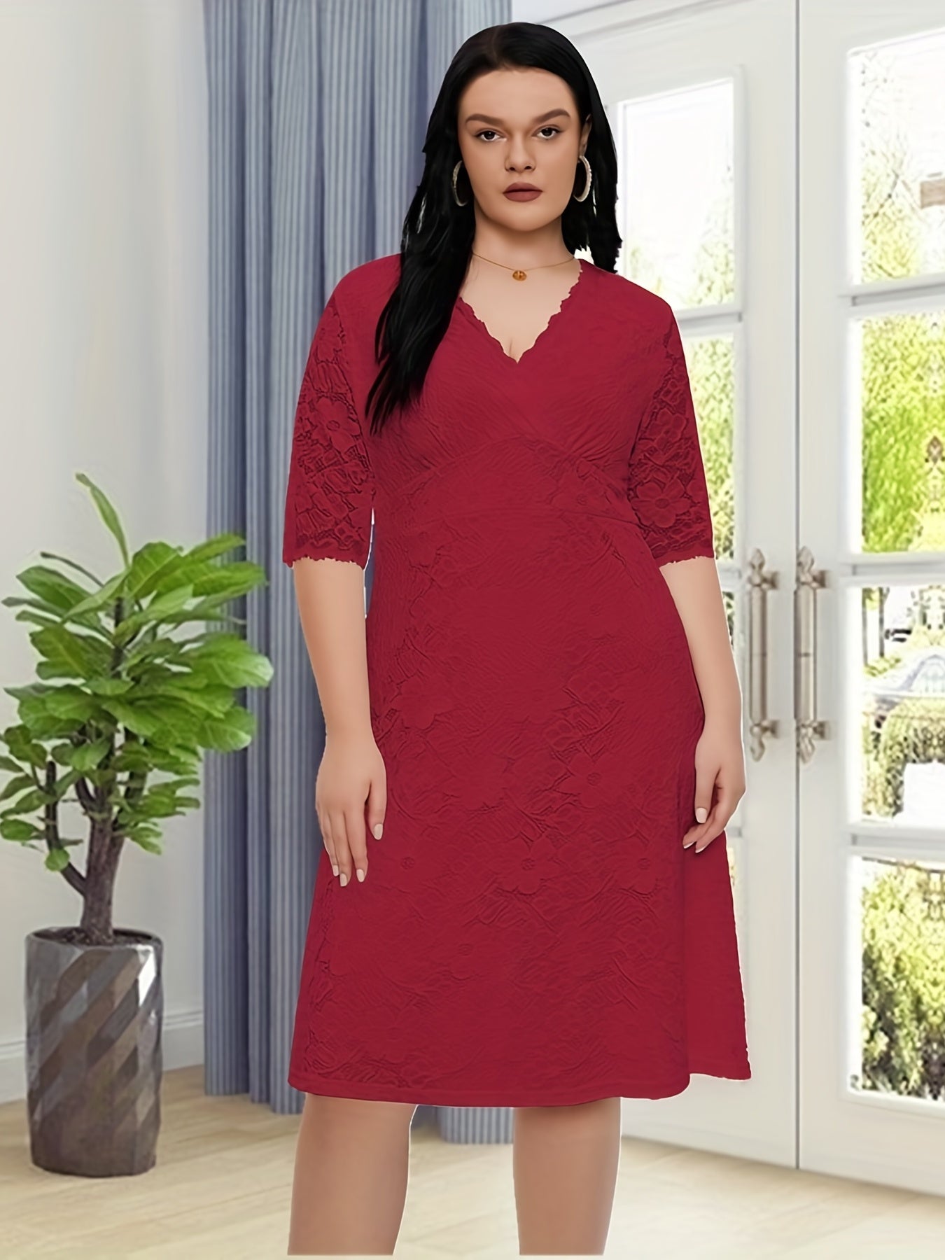  Floral Jacquard Trim Half Sleeve Slim Fit Formal Dress