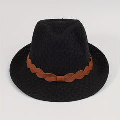 Stylish Belt Decor Sun Hat Crochet Short Brim Jazz Fedora Cap