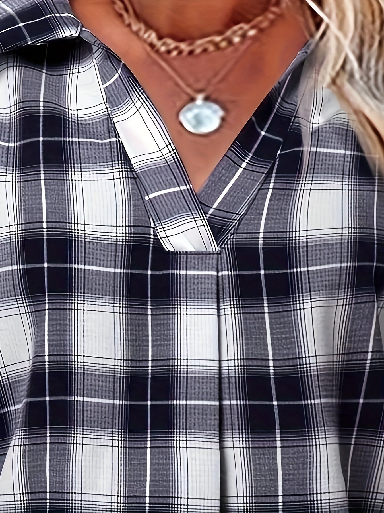  Plaid Print Roll Up Long Sleeve V Neck Blouse