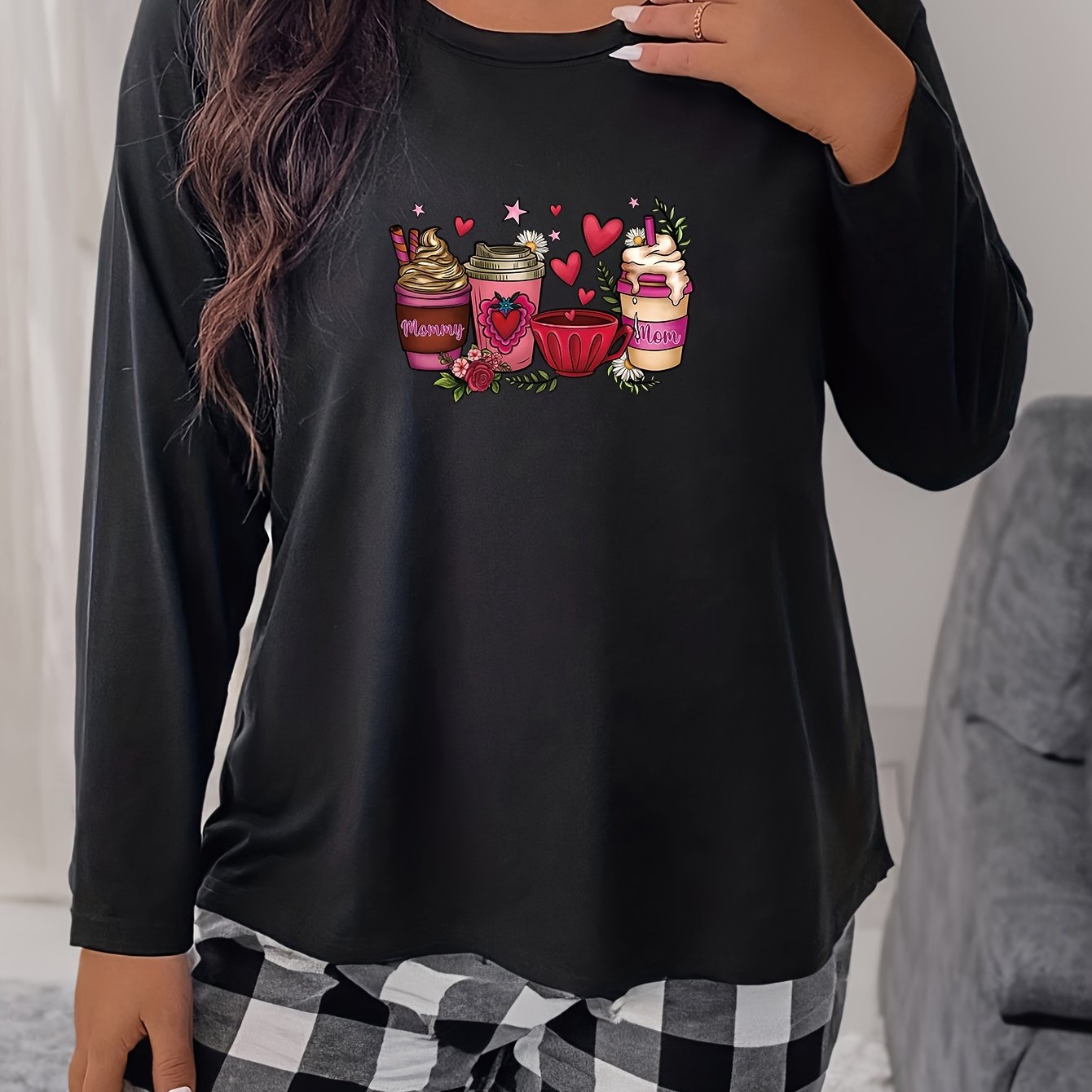  Floral Drinks Print Long Sleeve Pajama Top