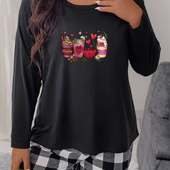  Floral Drinks Print Long Sleeve Pajama Top
