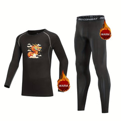 2pcs Kids Fleece Lined Dragon Totem Compression Base Set