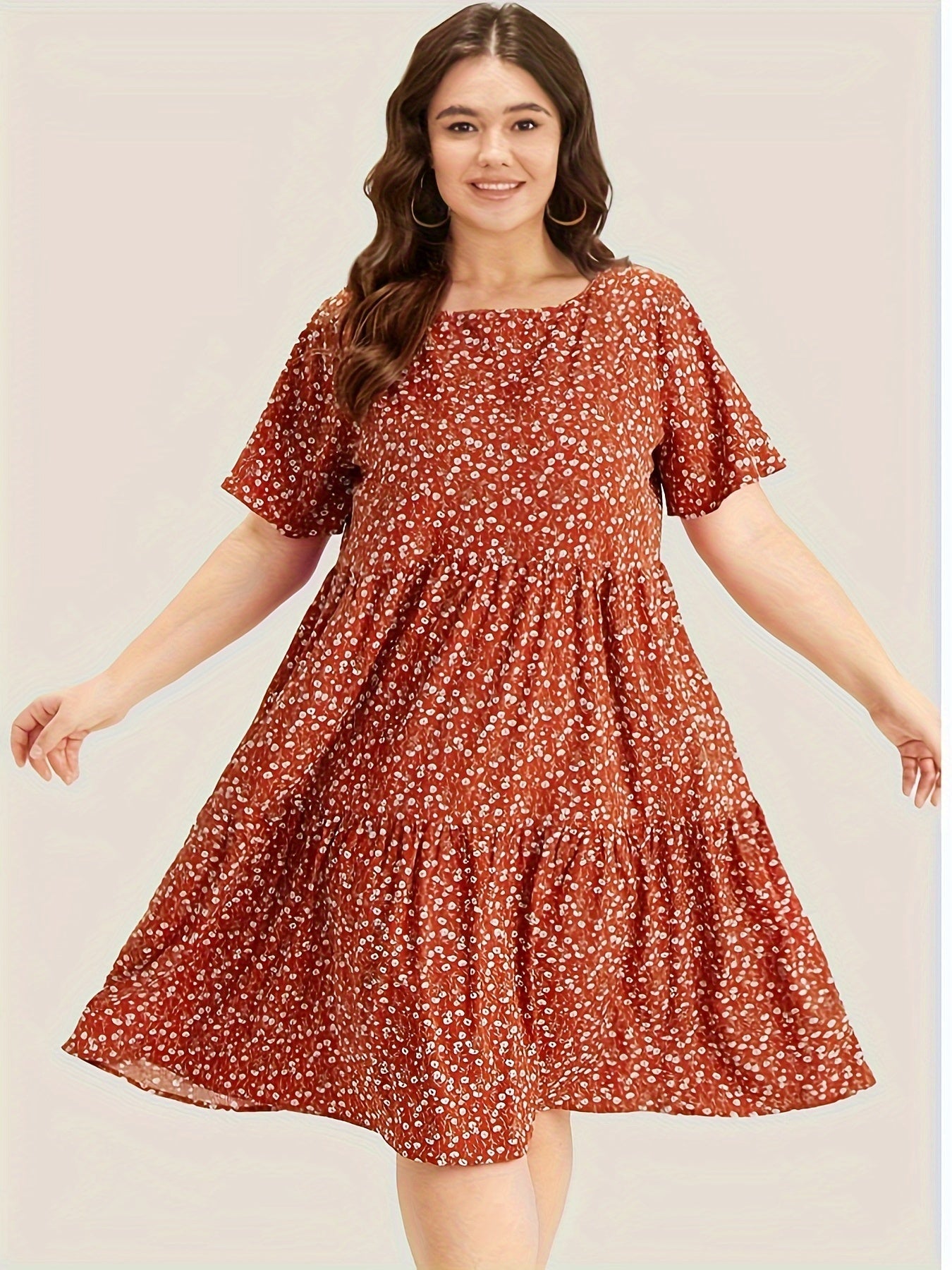  Ditsy Print Short Sleeve Round Neck Dress With Pockets