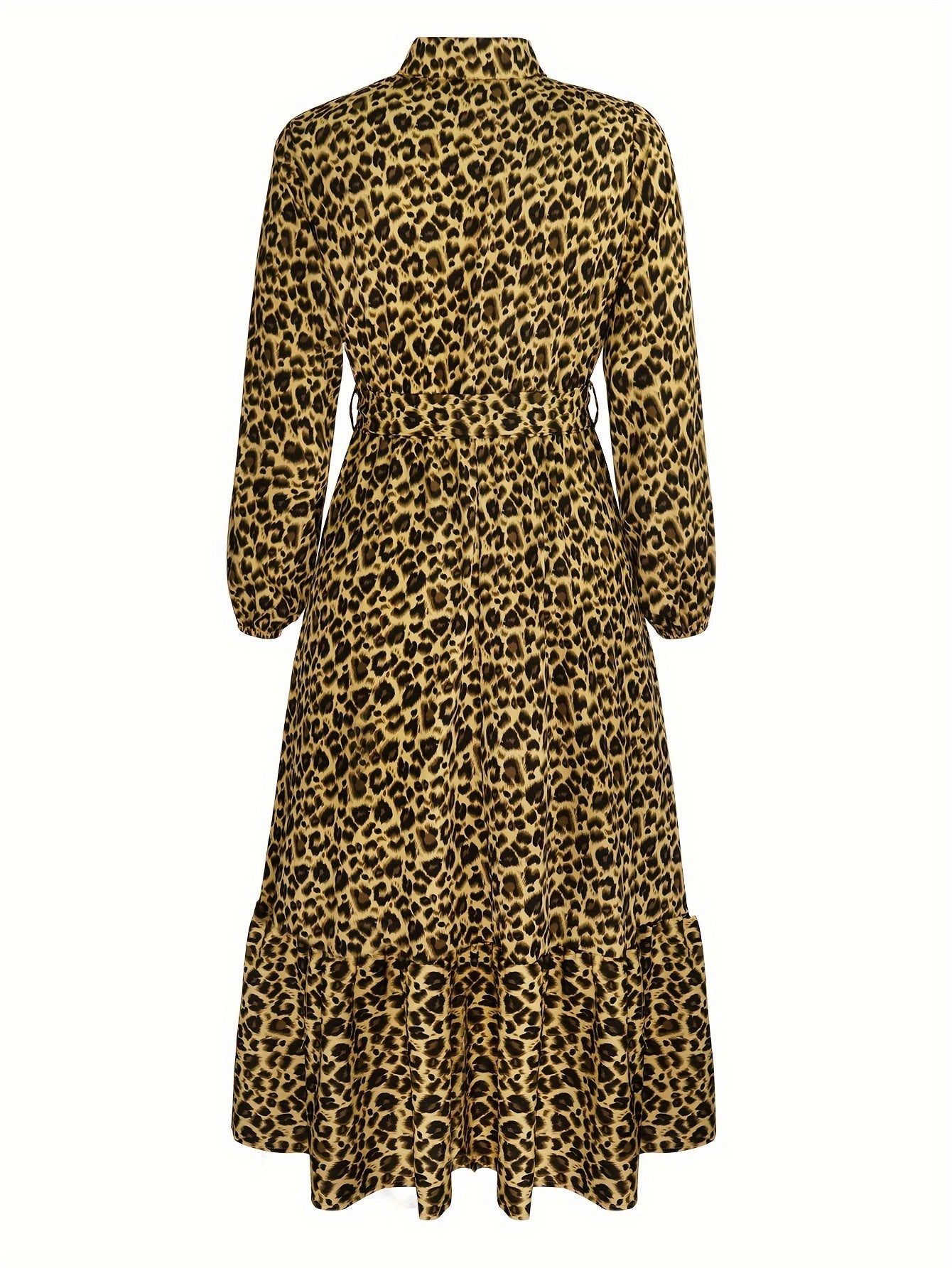  Women's Leopard Print Button Up Long Sleeve Shirt Dress
