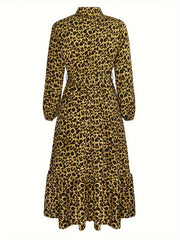  Women's Leopard Print Button Up Long Sleeve Shirt Dress