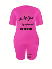 2 Piece Set Women's Plus Crown & Letter Print Tee & Shorts