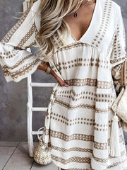  Geometric Print Bell Sleeve V Neck Mini Dress