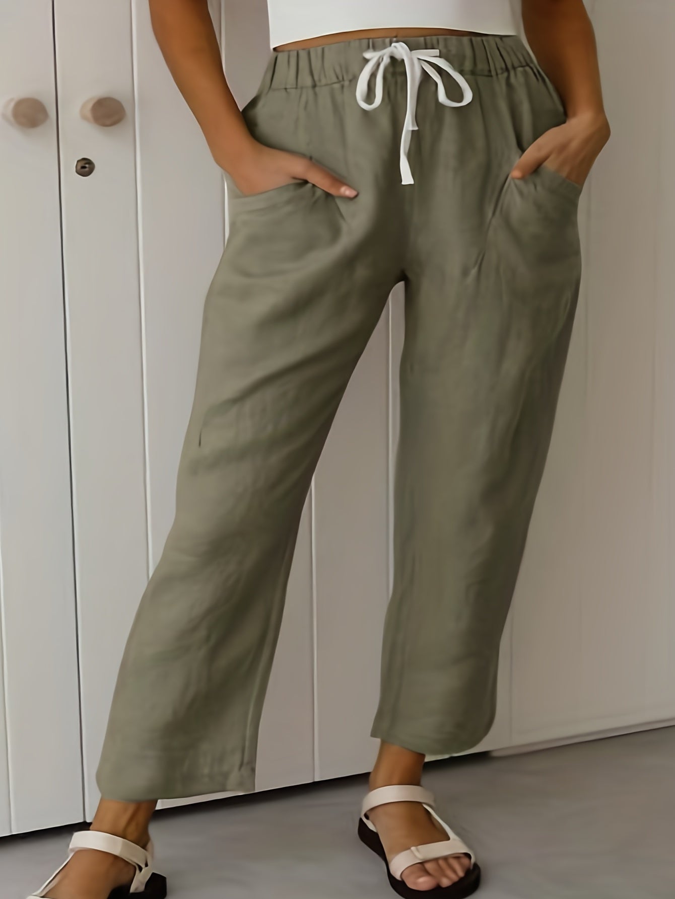  Casual Pants Women's Plus Solid Elastic Drawstring High Rise Loose