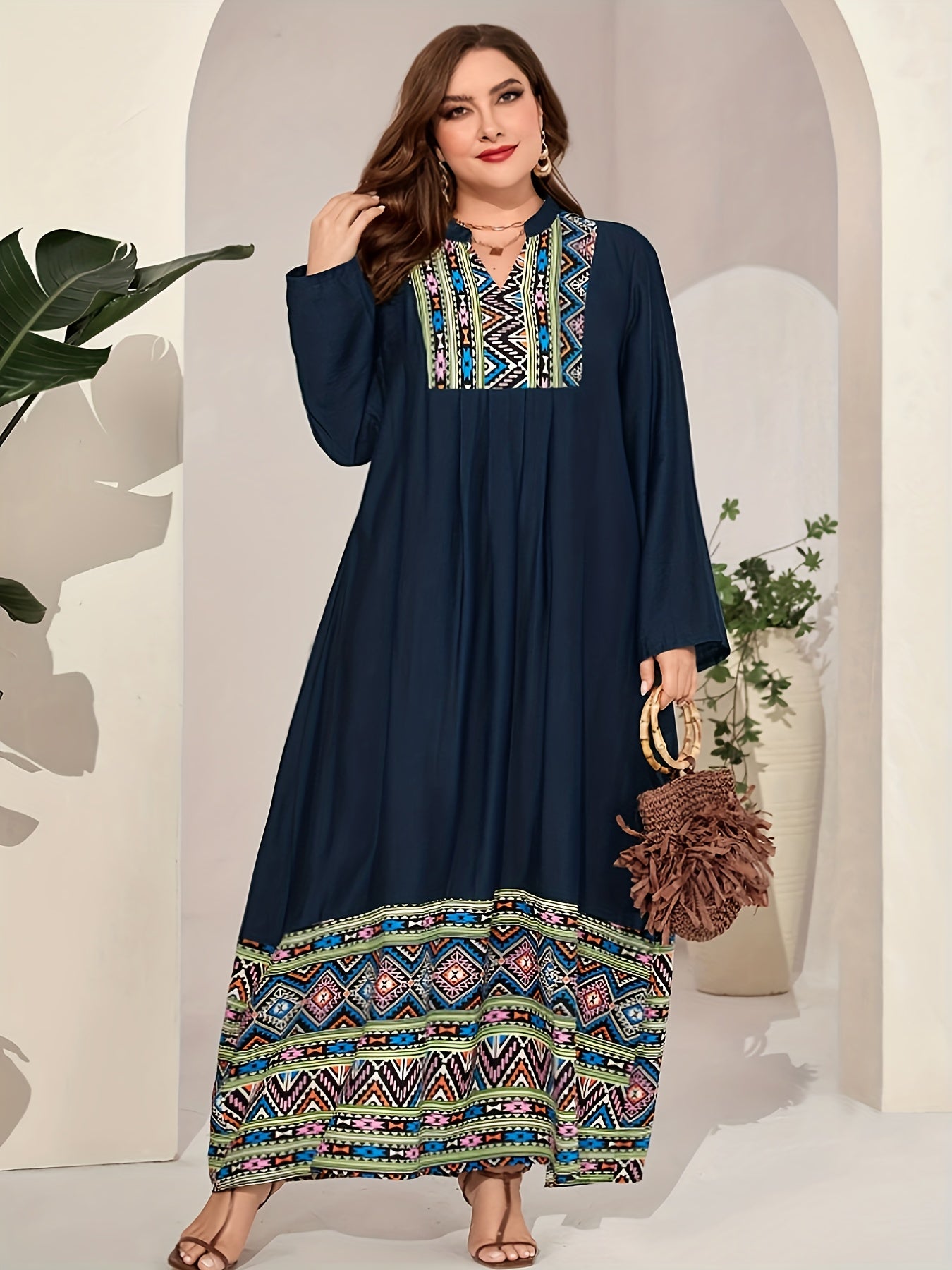  Geo Print Abaya Dress Long Sleeve Maxi Jalabiya