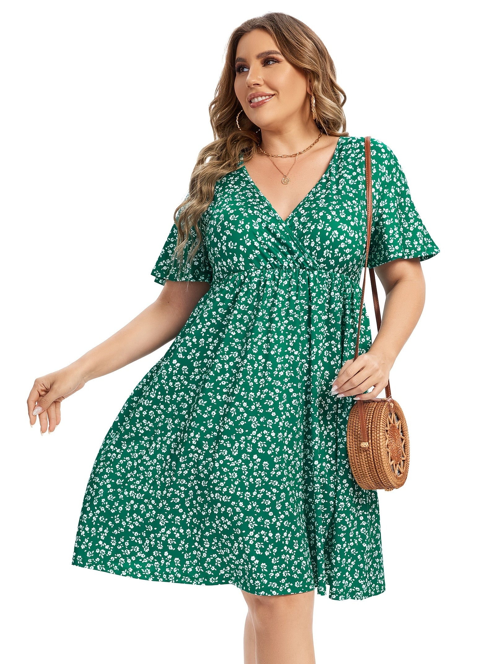  Floral Print Short Sleeve V Neck Dress With Pockets